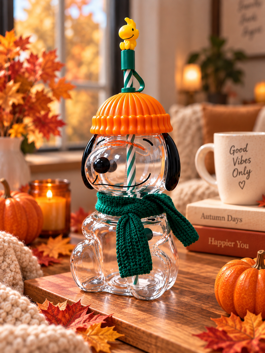 Snoopy Autumn Glass Cup – Pumpkin Lid & Cozy Scarf
